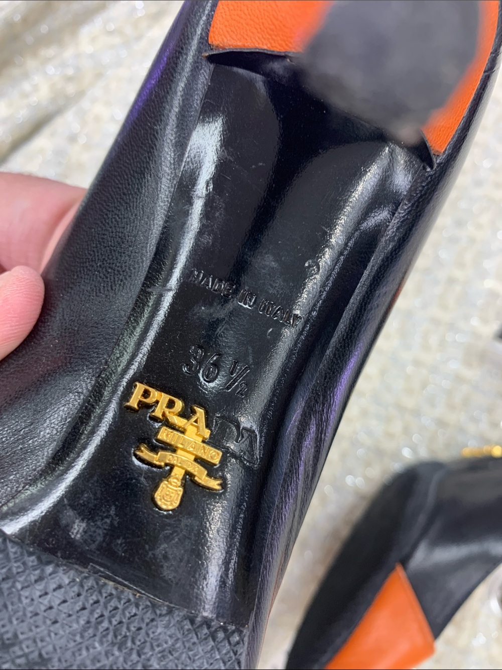 Prada Black Leather Pumps with Orange Trim and Silver Buckle - Picture 4 of 9